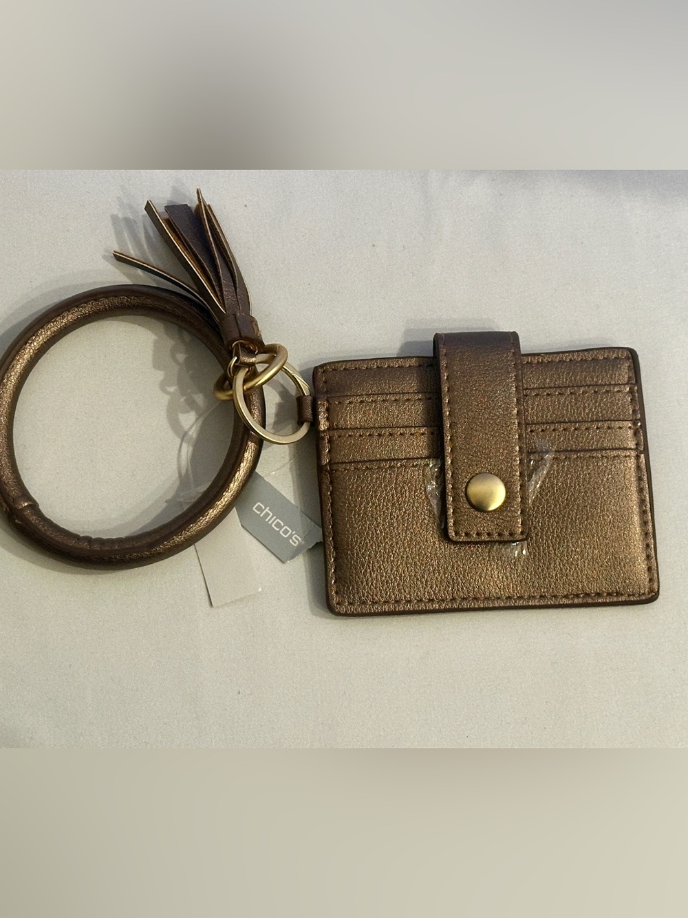 Chico's NWT Metallic Bronze Card Holder Keychain Bracelet Wristlet Wallet